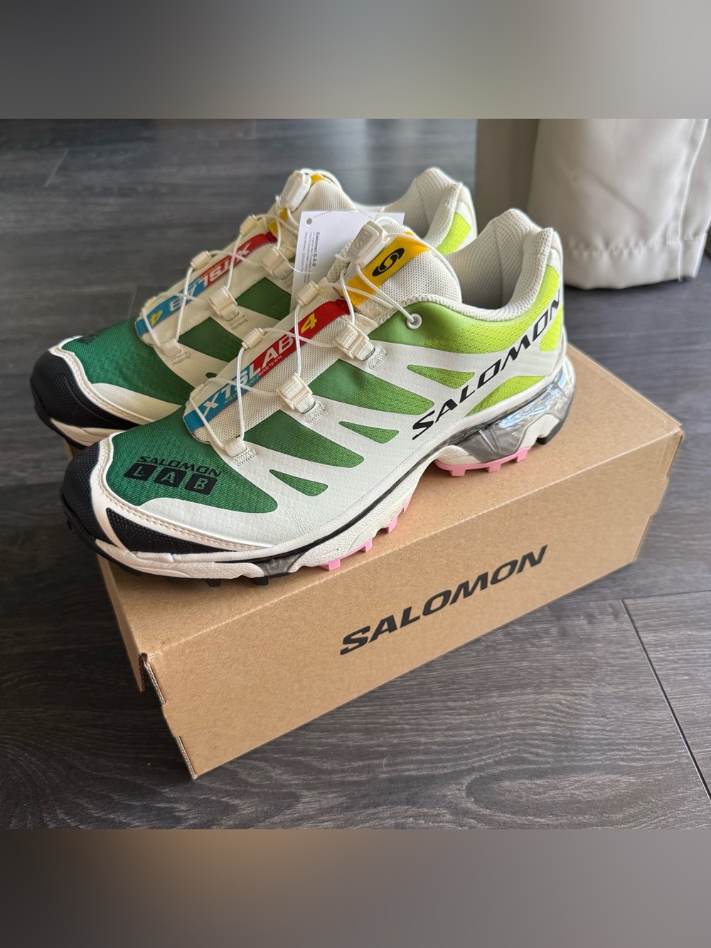 NWT Salomon XT-4 OG Sneakers, Vanilla Ice / Acid Lime / Pink Frosting, 8 M / 9 W